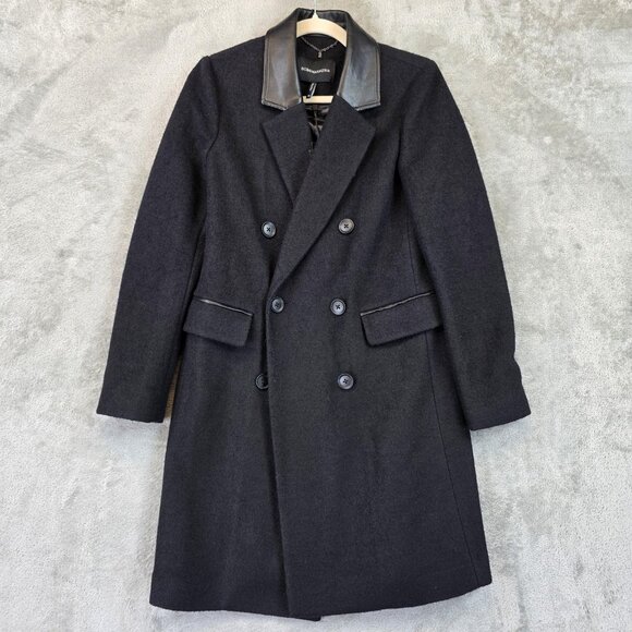 BCBGMAXAZRIA Coat Womens XS Black Wool Blend Double Breasted Leather Collar New - Picture 1 of 14